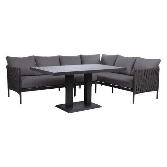 Sodo lauko baldų komplektas – kampinė sofa ir reguliuojamo aukščio stalas, pilkos spalvos.