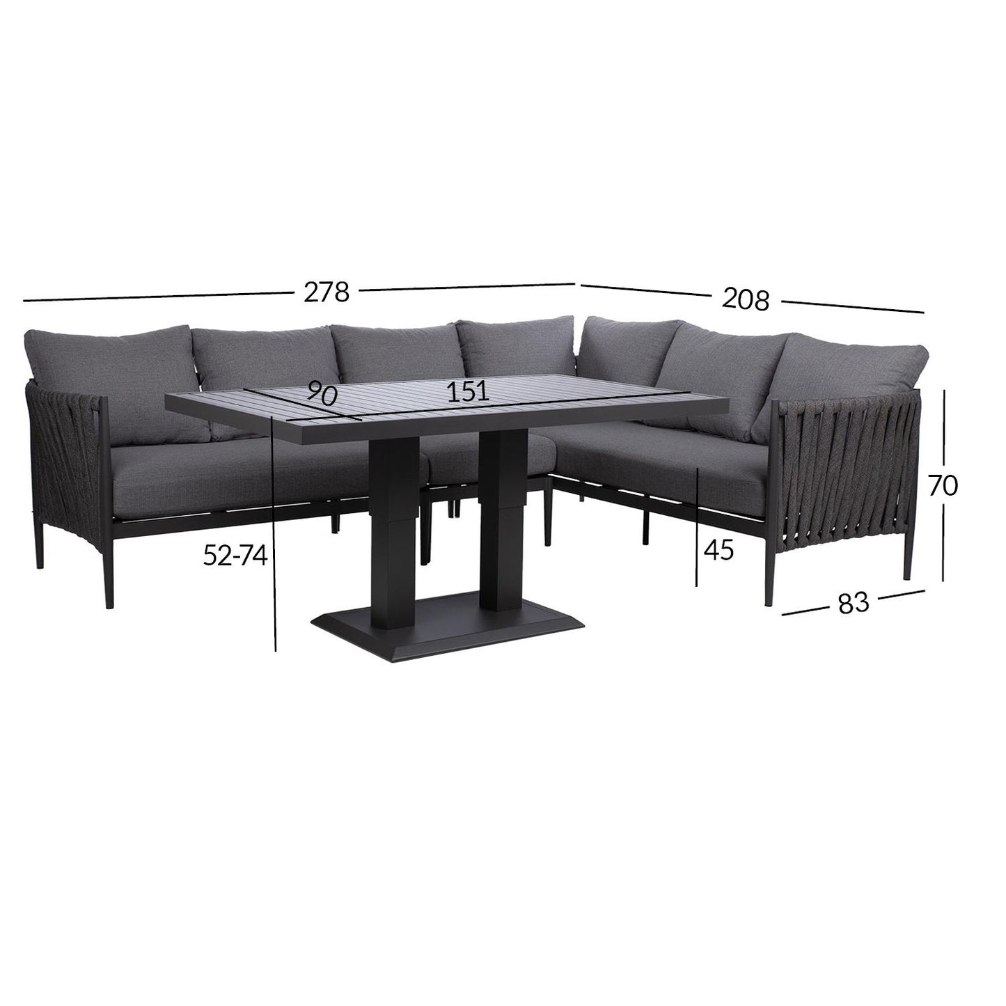 Sodo lauko baldų komplektas – kampinė sofa ir reguliuojamo aukščio stalas, pilkos spalvos.