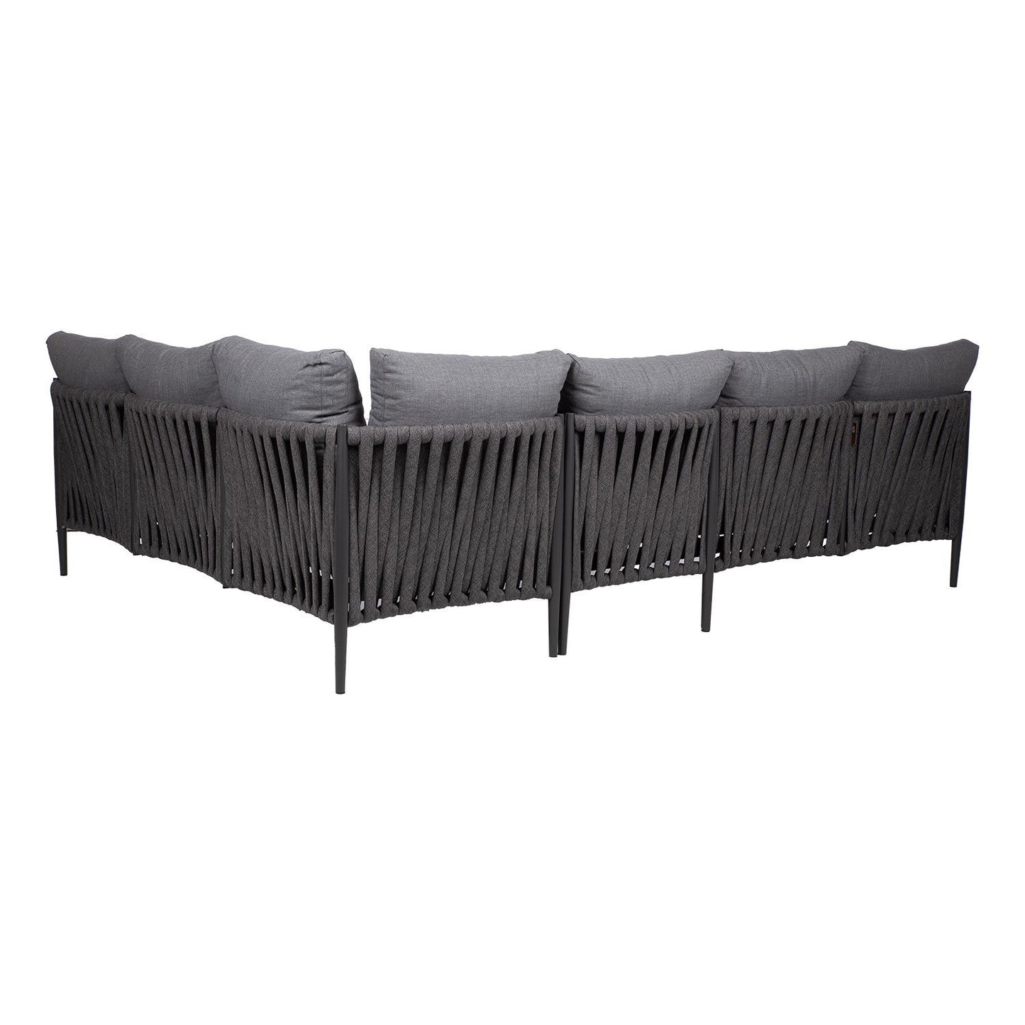 Sodo lauko baldų komplektas – kampinė sofa ir reguliuojamo aukščio stalas, pilkos spalvos.