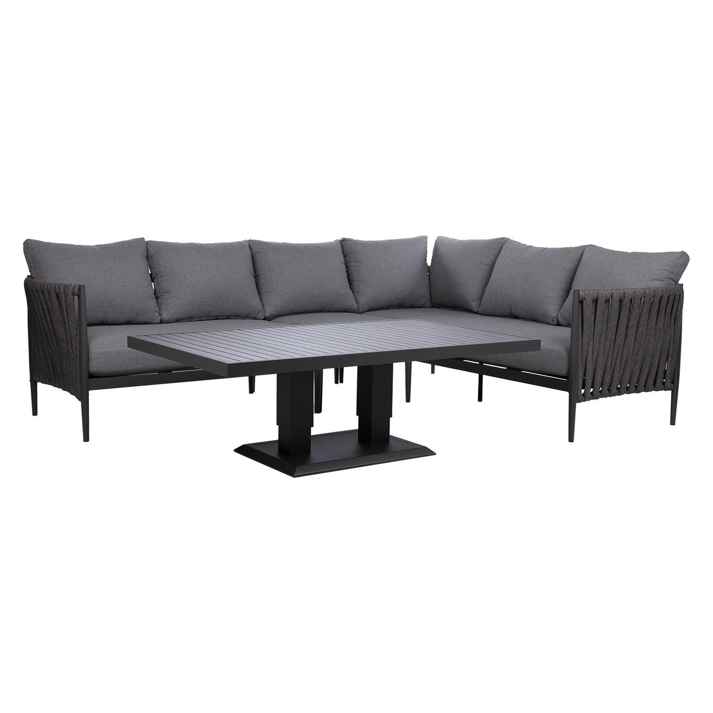 Sodo lauko baldų komplektas – kampinė sofa ir reguliuojamo aukščio stalas, pilkos spalvos.