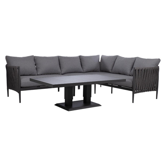 Sodo lauko baldų komplektas – kampinė sofa ir reguliuojamo aukščio stalas, pilkos spalvos.