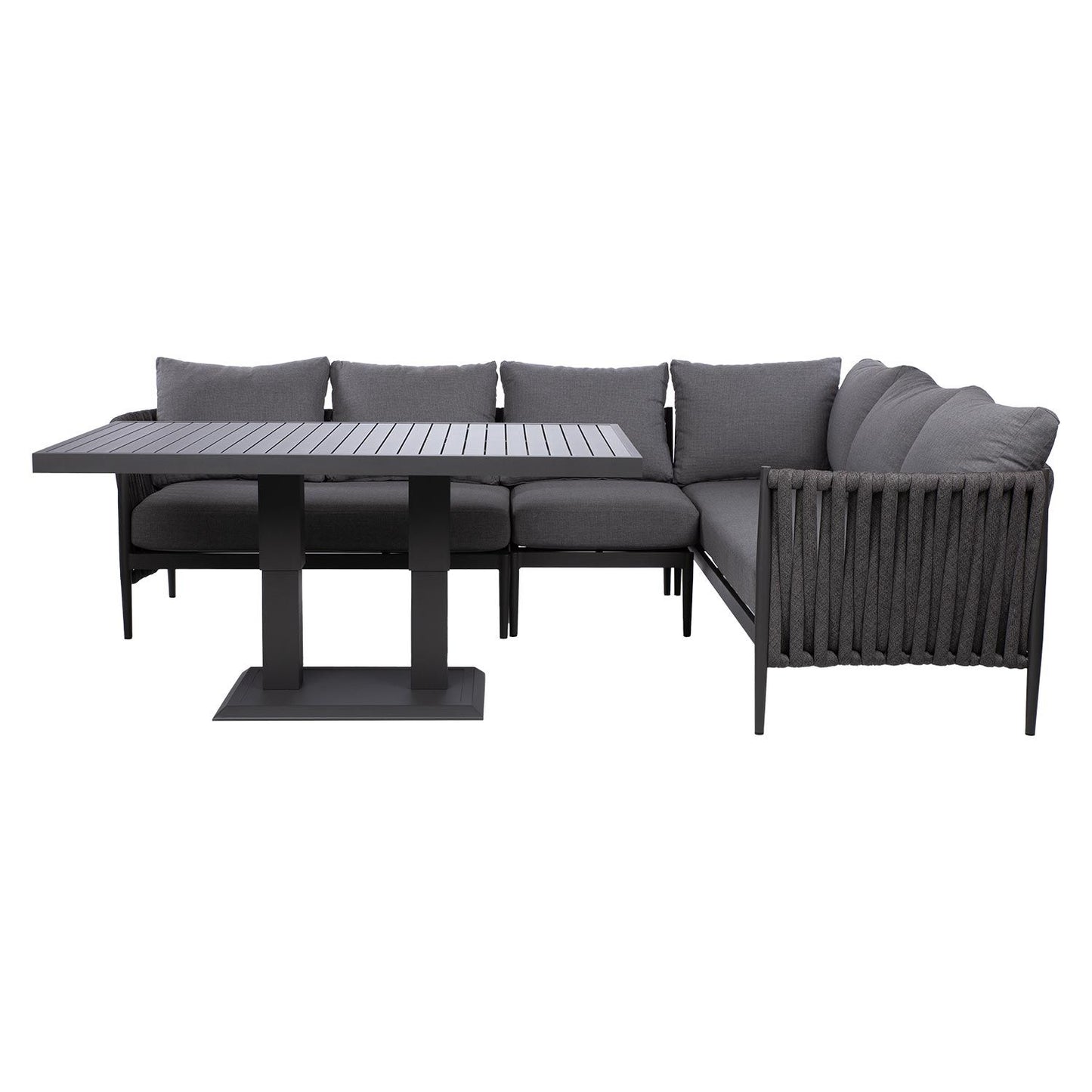 Sodo lauko baldų komplektas – kampinė sofa ir reguliuojamo aukščio stalas, pilkos spalvos.
