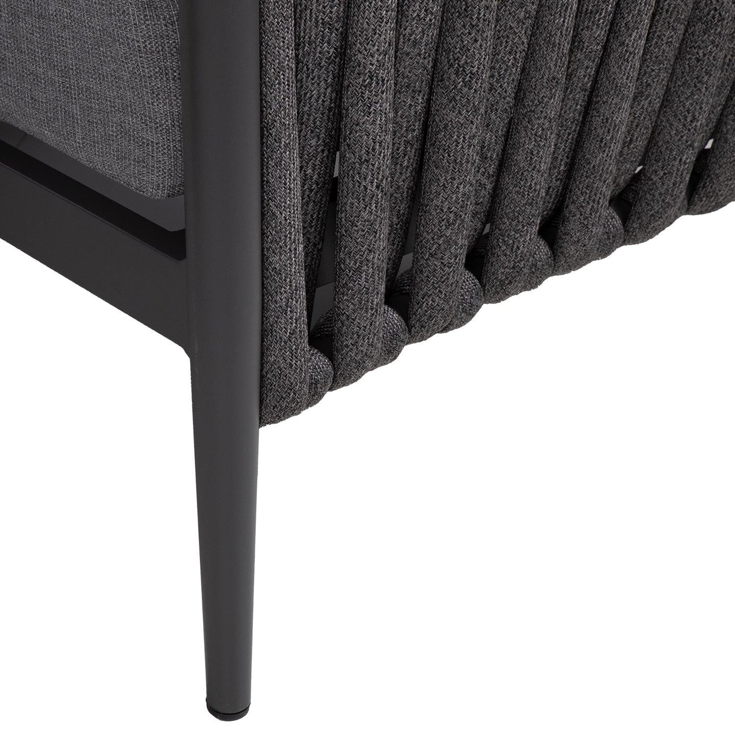 Sodo lauko baldų komplektas – kampinė sofa ir reguliuojamo aukščio stalas, pilkos spalvos.