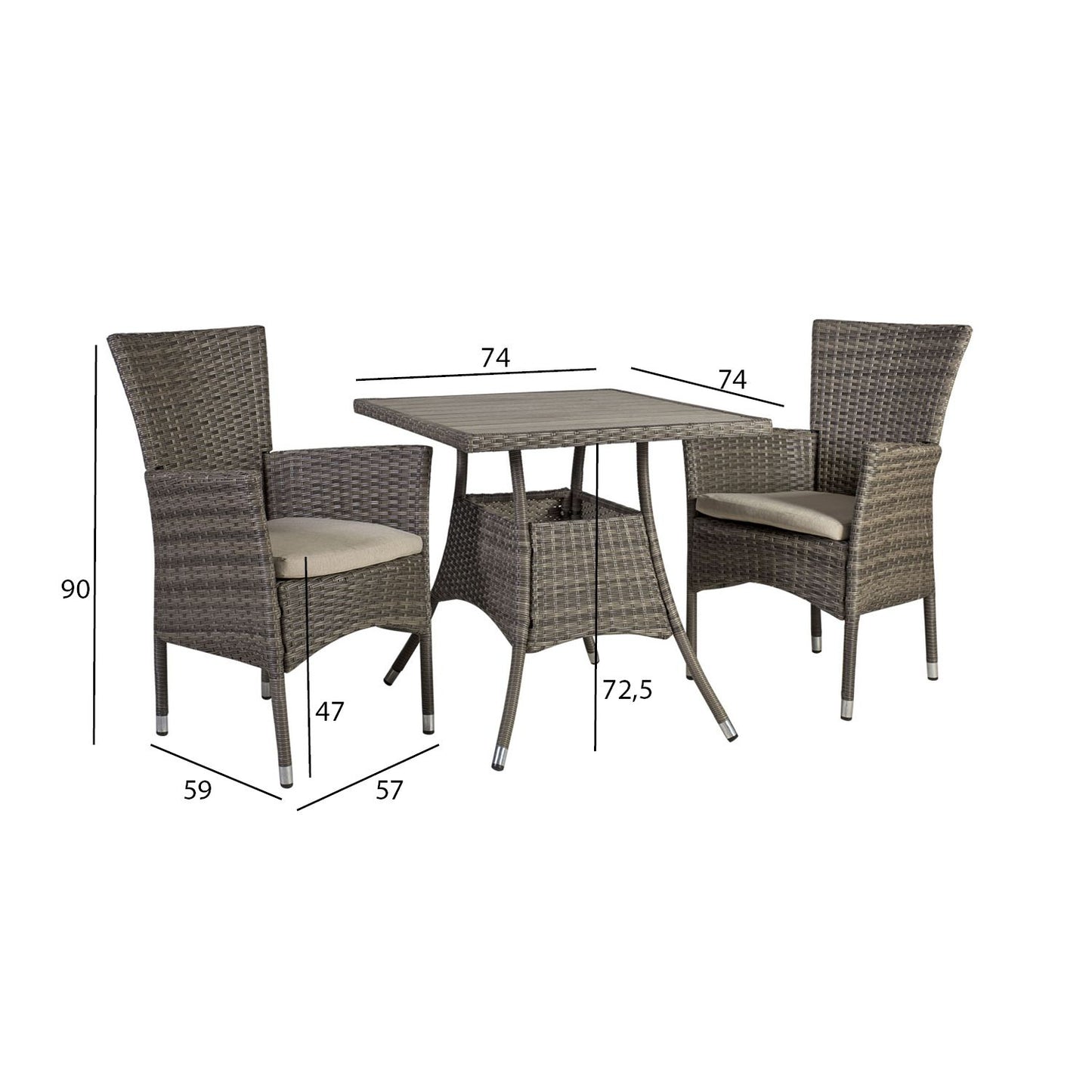 Sodo baldų komplektas PALOMA: stalas ir 2 kėdės, pilkšvai rudos spalvos.