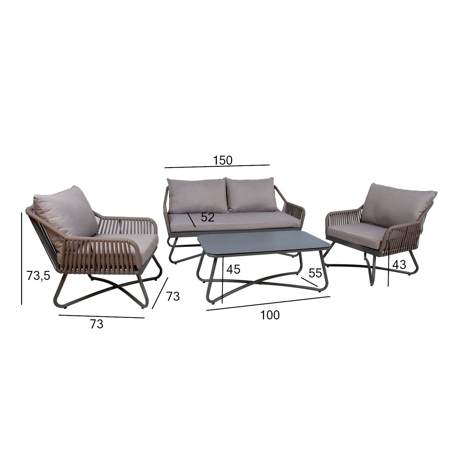 Sodo baldų komplektas ANDROS: stalas, sofa ir 2 foteliai, pilka/tape.