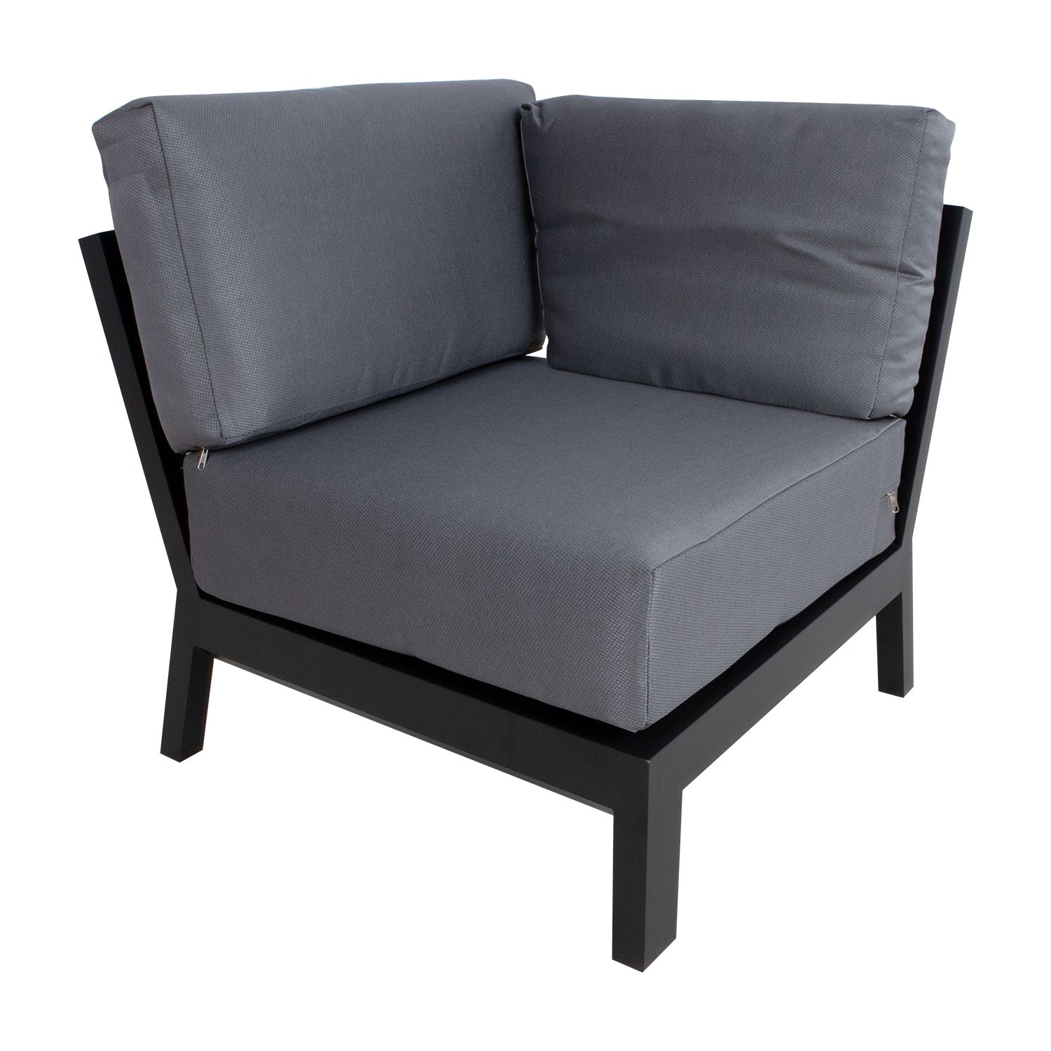 Sodo baldų komplektas FELNO: kampinė sofa ir 2 stalai, juodos spalvos.