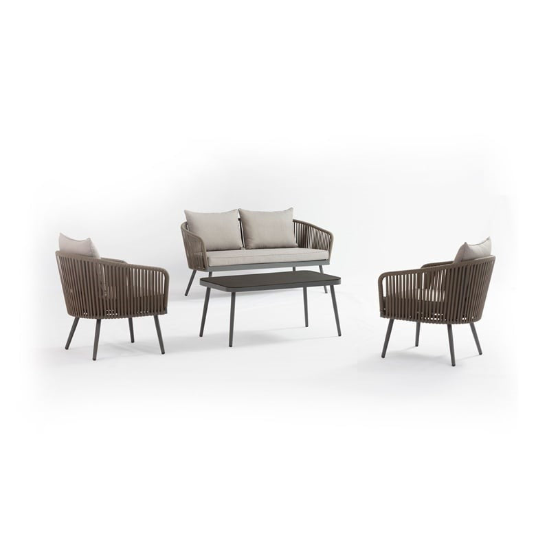 Lauko baldų komplektas, pilkos/rudos spalvos, 4 sėdimų vietų, aliuminis