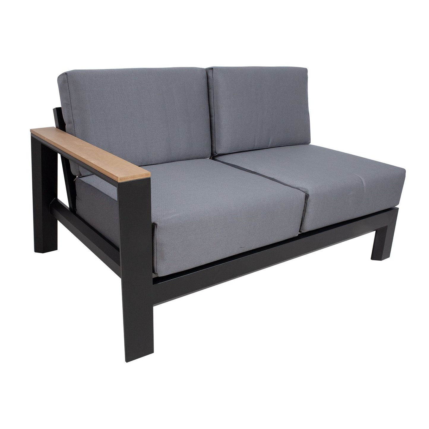 Sodo baldų komplektas FELNO: kampinė sofa ir 2 stalai, juodos spalvos.