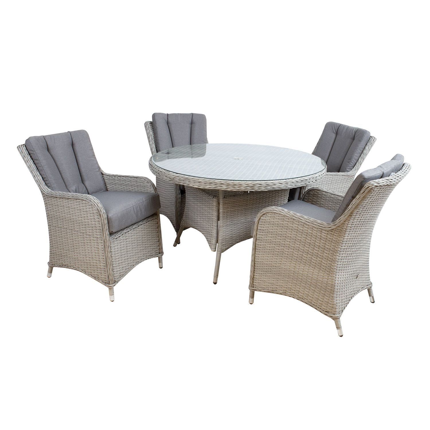 Sodo baldų komplektas ASCOTL: apvalus stalas ir 4 kėdės.
