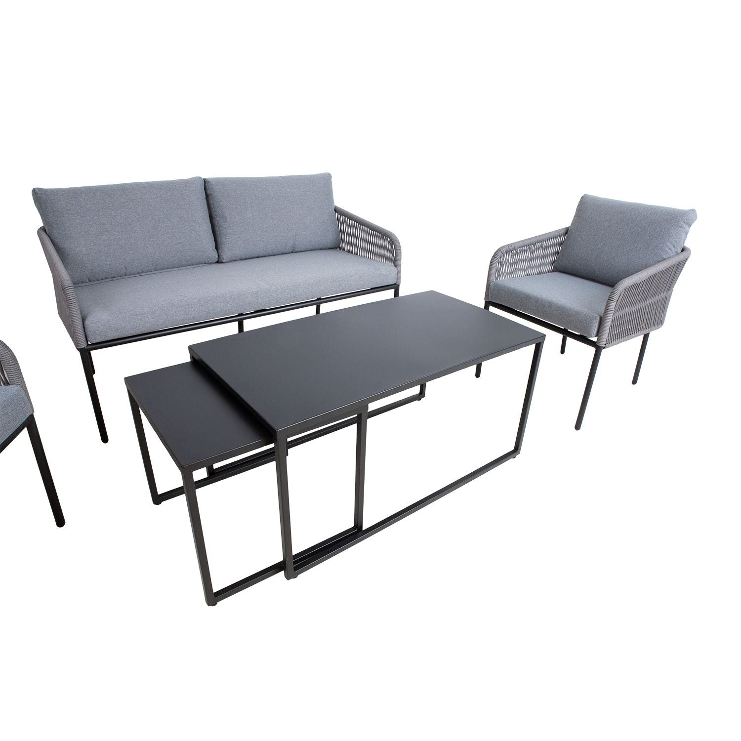 Sodo baldų komplektas LEVINE 2 stalai, sofa ir 2 foteliai, pilkos spalvos.