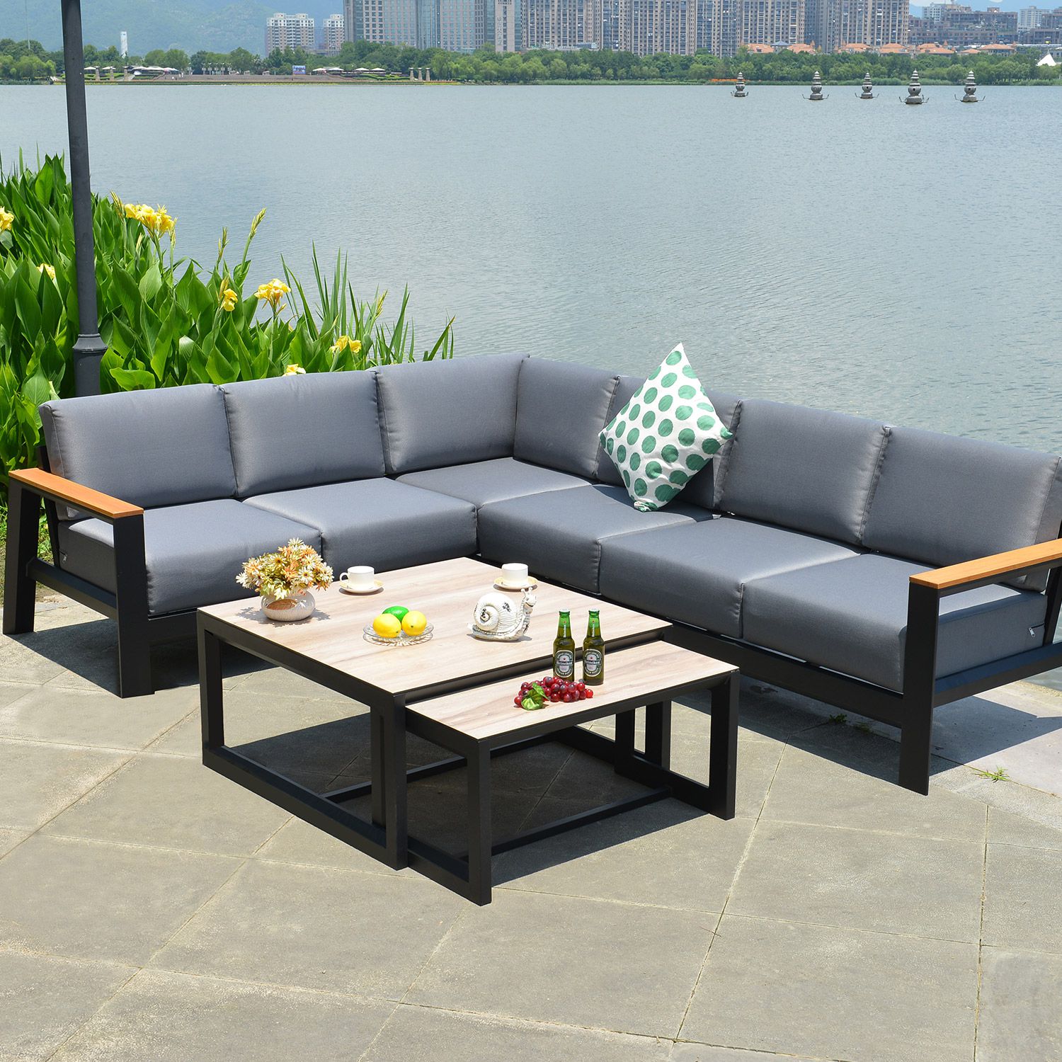 Aliuminis modulinis lauko baldų komplektas "Felino", pilkas ir juodas olefino audinys